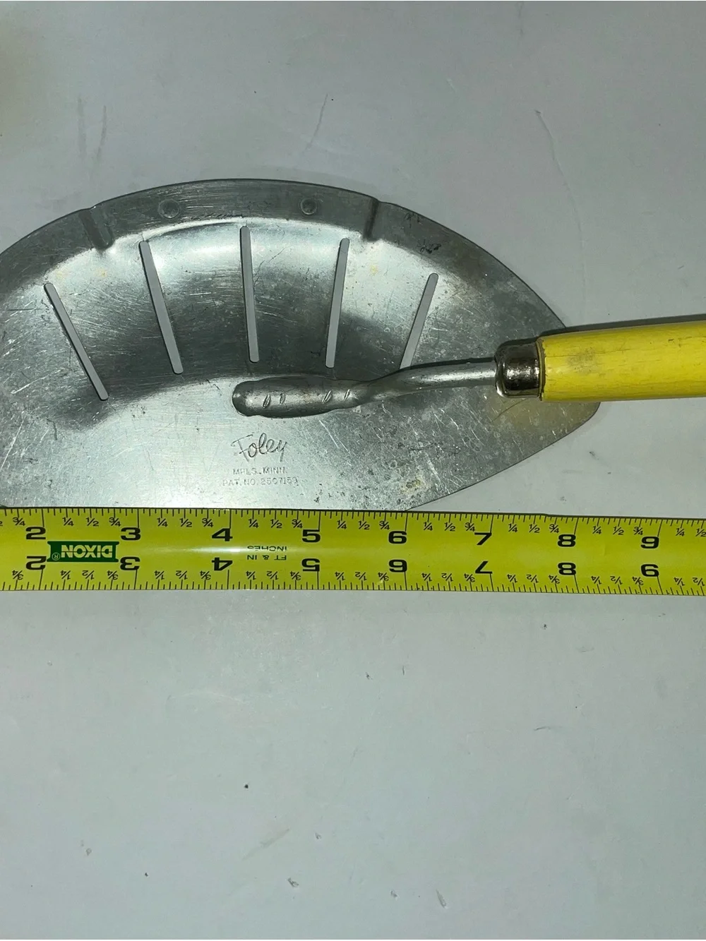 Vintage Foley Aluminum Hand Held Pot Pan Strainer with Yellow wood Handle 1950s